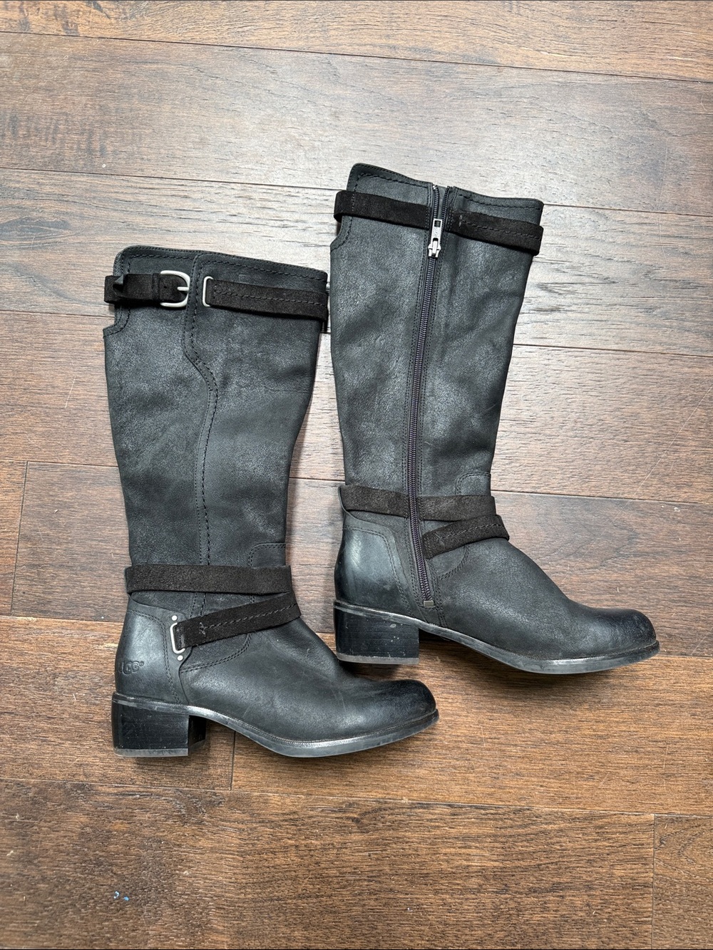 UGG Black Mid-Calf Buckle Zip Heeled Boots
